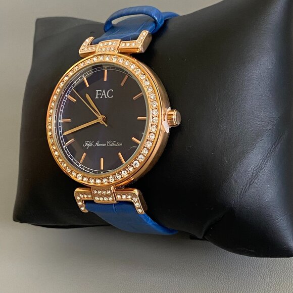 FAC Rose Gold Crystal Blue Leather Strap Watch NWT - Picture 2 of 10